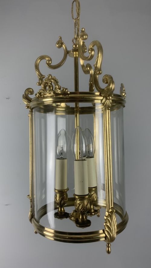French Polished Brass Triple Light Hall Lantern, Rewired