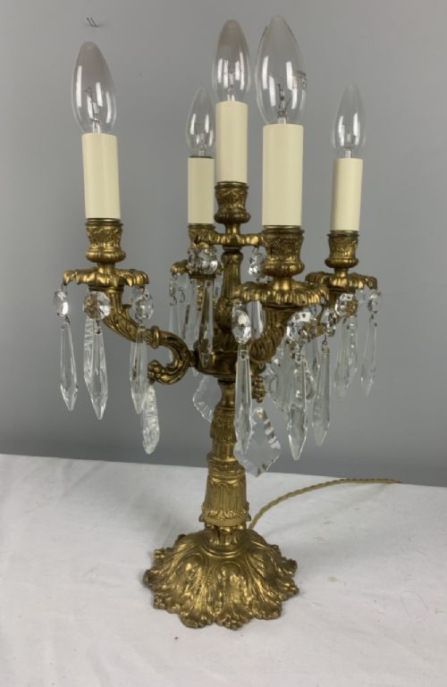 French 5 Light Gilt Brass Candelabra, Table Lamp, Rewired and Pat Tested