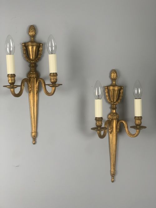 Pair of French Gilt Brass Antique Wall Lights, Rewired and Pat Tested