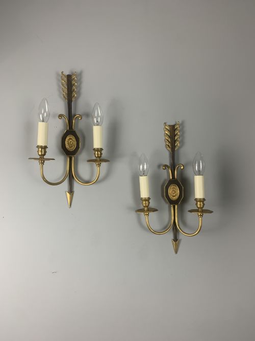 Pair of French Empire Gilt Brass Antique Wall Lights, Rewired and Pat Tested