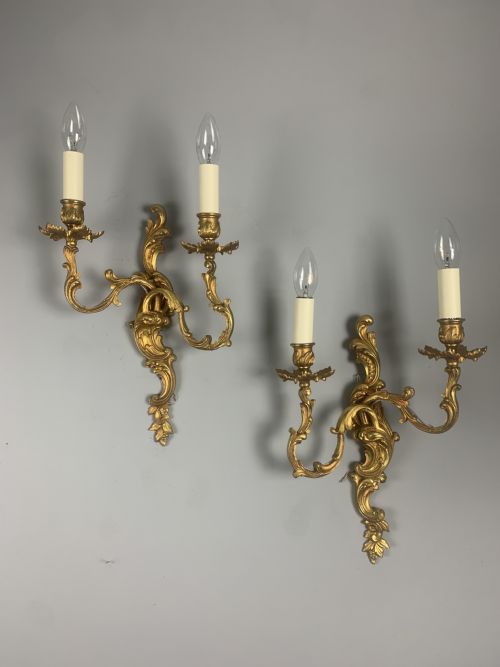 Pair of Ornate French Gilt Brass Antique Wall Lights, Rewired