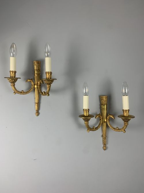 Pair of French Empire Gilt Antique Brass Wall Lights, Rewired