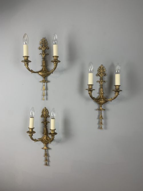 French Set of Three Twin Arm Antique Wall Lights, Rewired