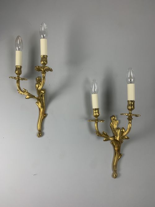 Pair of French Gold Plated Antique Brass Wall Lights, Rewired
