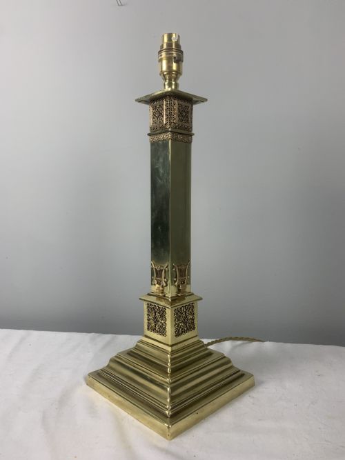 Victorian Decorated Brass Column Table Lamp, Rewired and Pat Tested