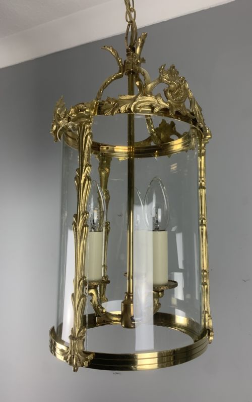 French Polished Brass Triple Light Brass Convex Lantern, Rewired