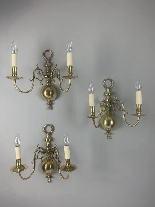 Set of 3 English Polished Brass Twin Arm Wall Lights, Rewired