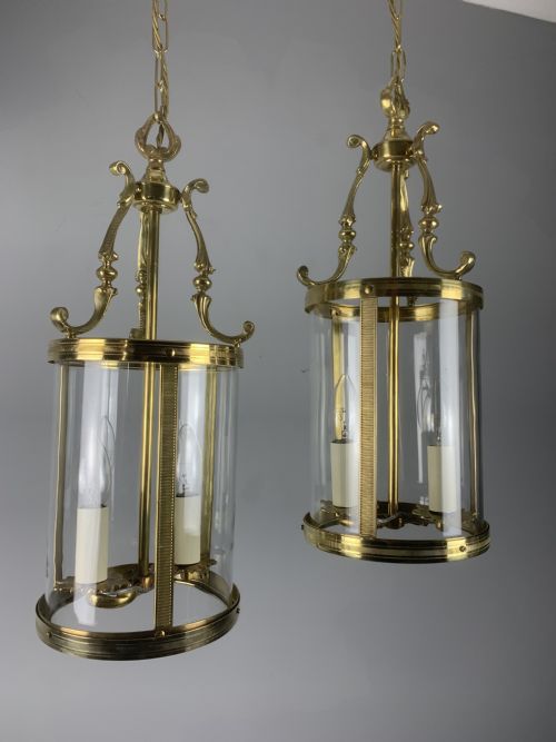 Pair of French Polished Brass Twin Light Convex Lanterns, Rewired