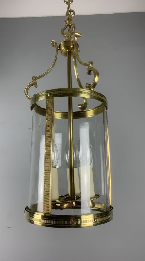 French Polished Brass Triple Light Antique Hall Lantern, Rewired and Pat Tested