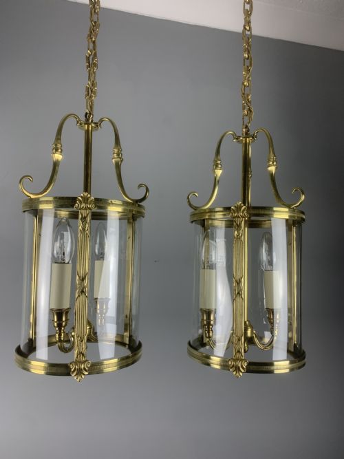 Pair of French Polished Brass Twin Light Convex Antique Lanterns, Rewired