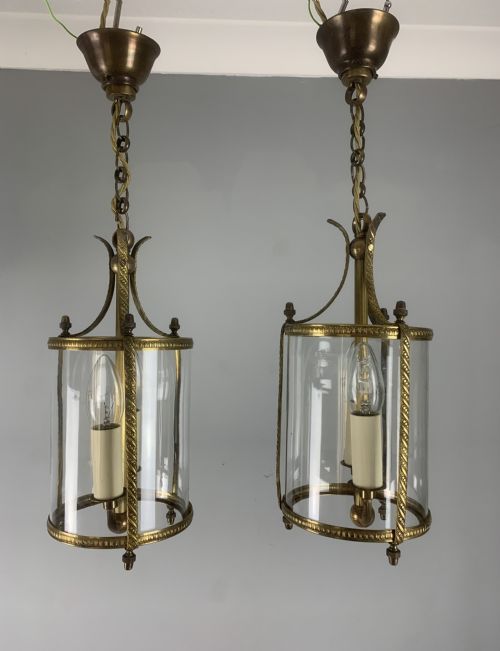 Pair of Small Twin Light Convex Brass Lanterns, Rewired