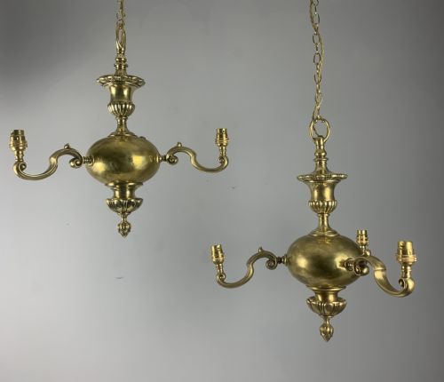 Pair of English Brass 3 Branch Chandeliers, Ceiling Lights, Rewired and Pat Tested