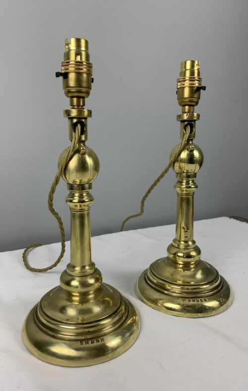 Pair of German Ww1 Heavy Brass Gimbal Naval Ships Table Lamps from Sms Emden, Rewired and Pat Tested