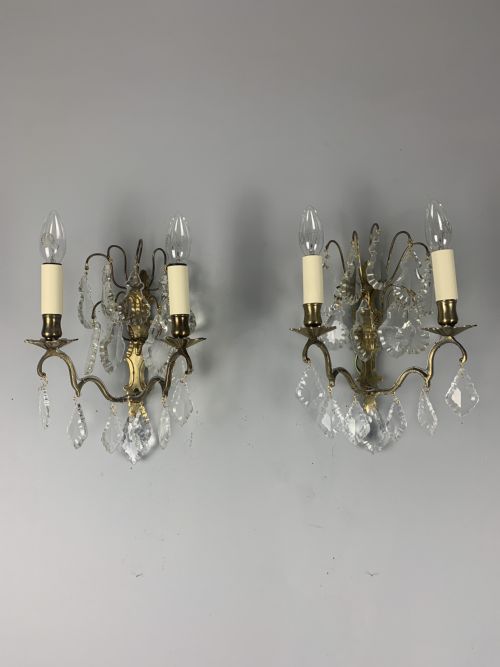 Pair of French Brass Wall Lights with Glass Drops, Rewired