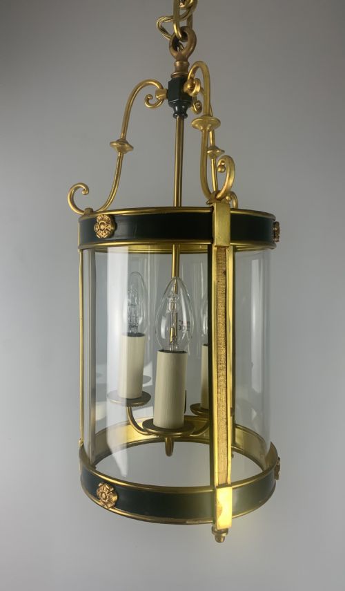 French Gilt Brass Green Enamel Triple Light Lantern, Rewired