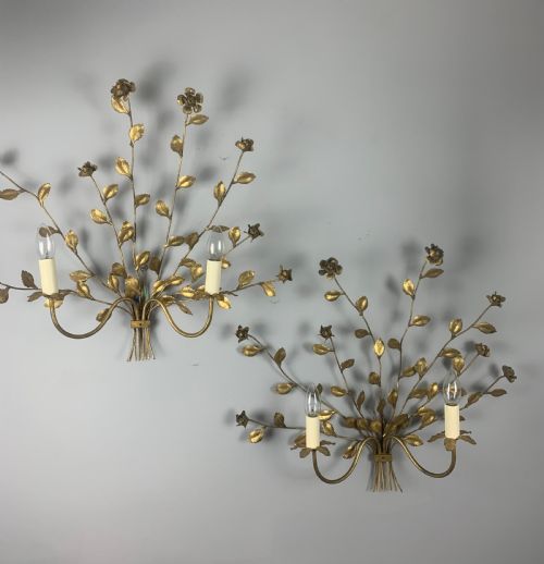 Pair of Italian Toleware Gilt Brass Floral Wall Lights, Rewired