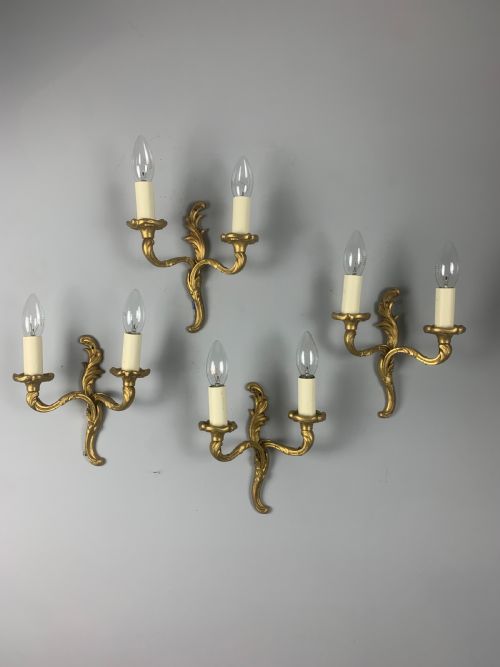 Set of 4 Small French Gilt Brass Wall Lights, Rewired