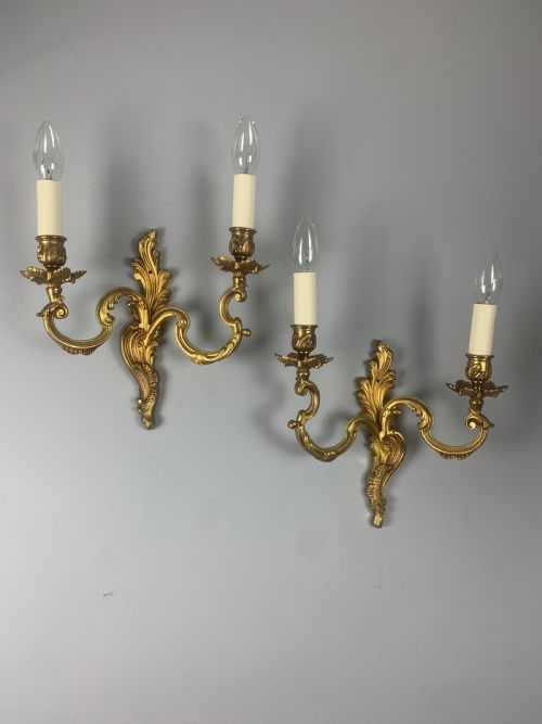 Pair of French Gilt Brass Wall Lights, Rewired