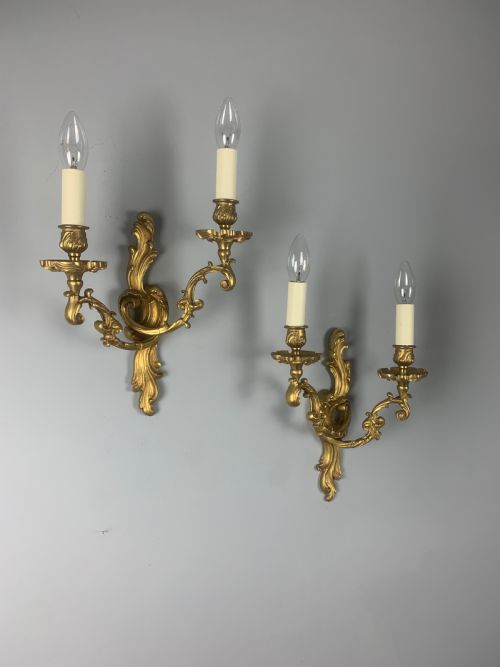 Pair of French Gilt Brass Wall Lights, Rewired
