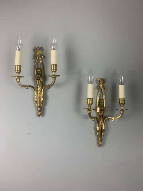 Pair of English Ribbon Brass Wall Lights, Rewired