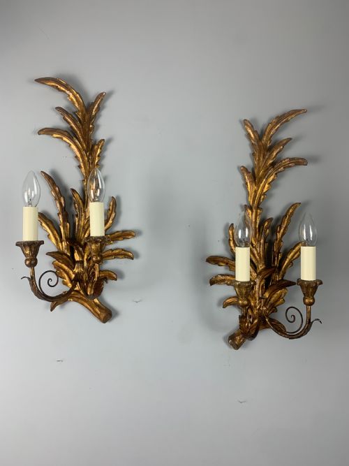 Florentine Italian Pair of Giltwood Leaf Wall Lights, Rewired
