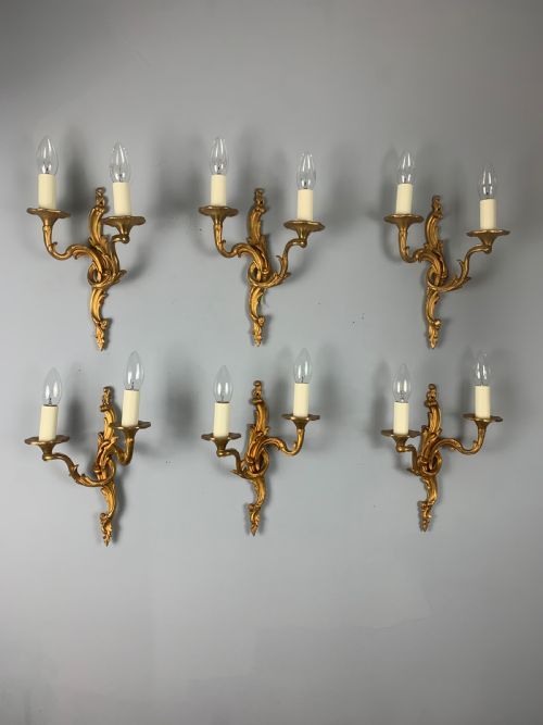 Set of 6 Gilt Bronze French Wall Lights, Rewired