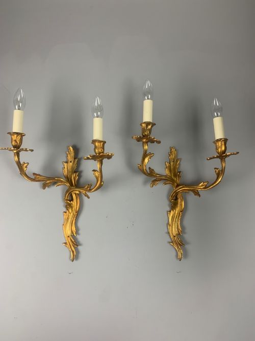 Large Pair of French Rococo Gilt Bronze Wall Lights, Rewired