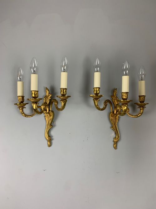 French Pair of Triple Arm Gilt Brass Wall Lights, Rewired