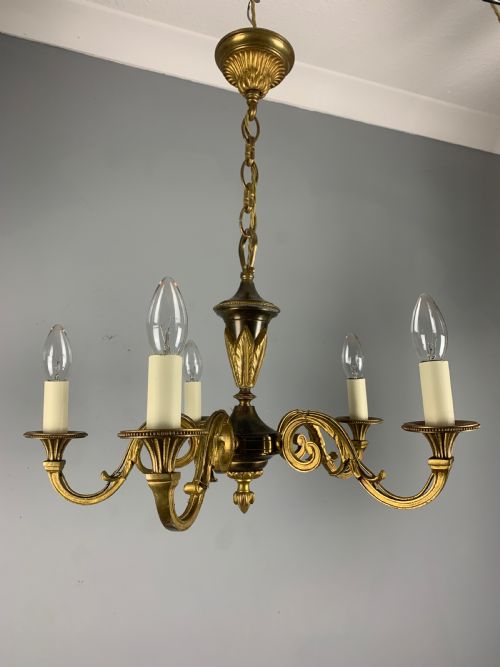 French Gilded Brass 5 Light Antique Chandelier