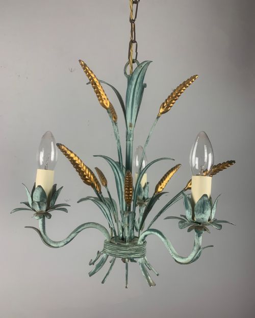 French Wheatsheaf Polychrome Toleware 3 Branch Antique Chandelier, Ceiling Light