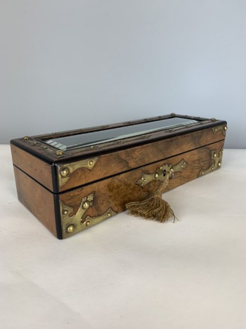 French C1870 Walnut Glove Jewellery Box with Bevelled Glass Panel