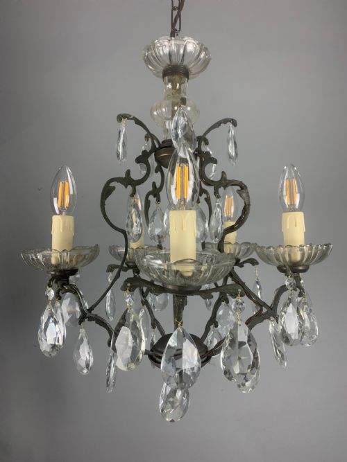 French Aged Brass 5 Arm Antique Birdcage Chandelier