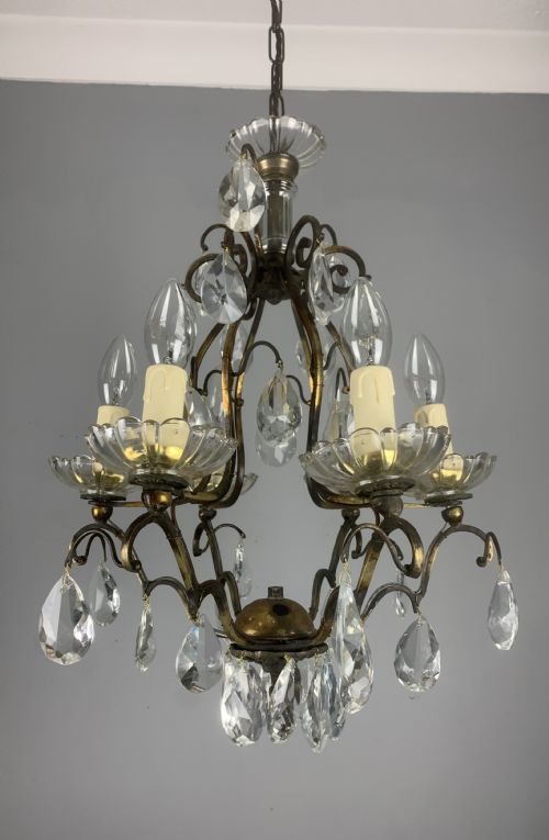 French Aged Brass 6 Arm Antique Birdcage Chandelier
