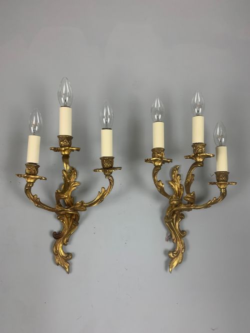French Pair of Triple Arm Gilt Brass Antique Wall Lights, Rewired