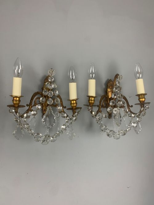 Pair of French Antique Wall Lights with Crystals