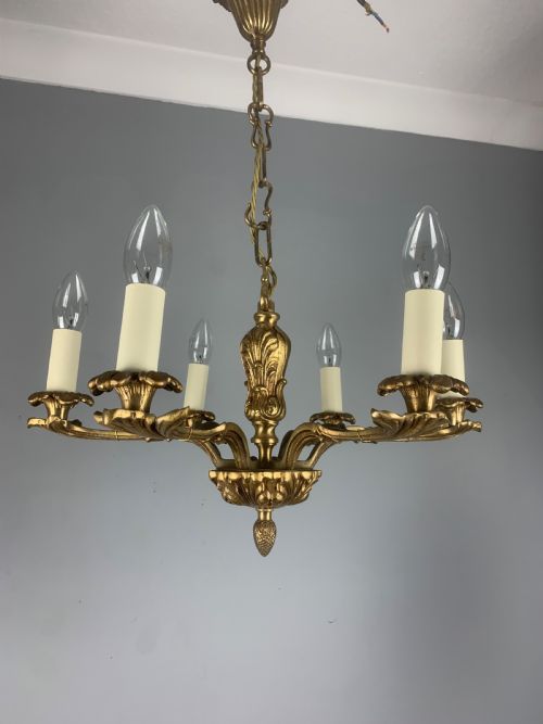 French 6 Light Gilt Brass Chandelier