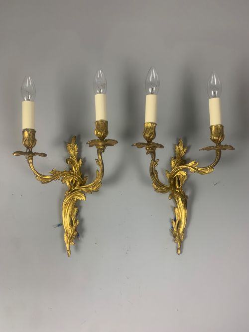 Pair of French Gilt Brass Rococo Antique Wall Lights