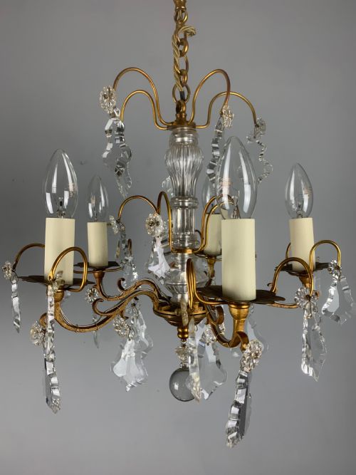 French Gilt Brass Crystal 5 Arm Antique Chandelier, Ceiling Light