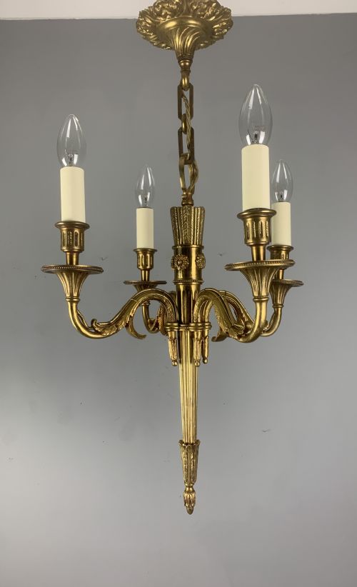 French Empire 4 Arm Gilt Brass Antique Chandelier, Ceiling Light