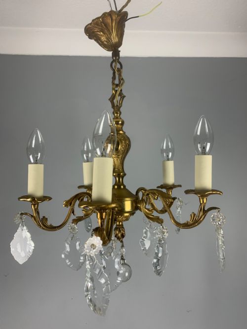 French 5 Arm Antique Chandelier with Glass Droppers