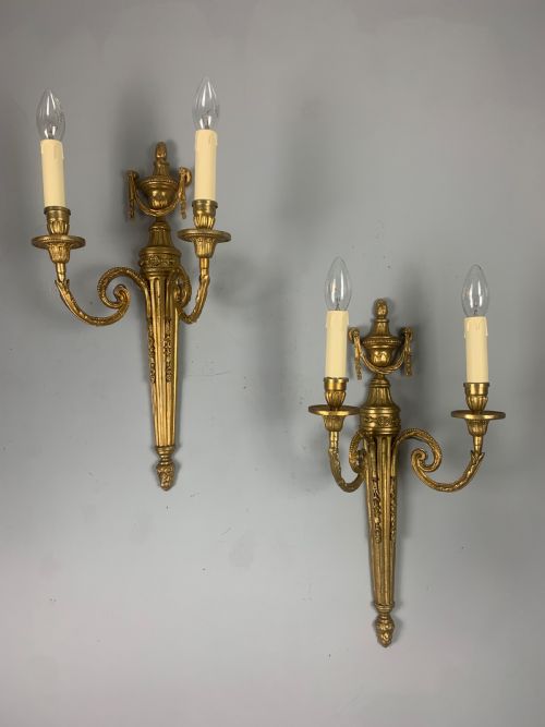 Large Pair of French Gilt Brass Antique Wall Lights