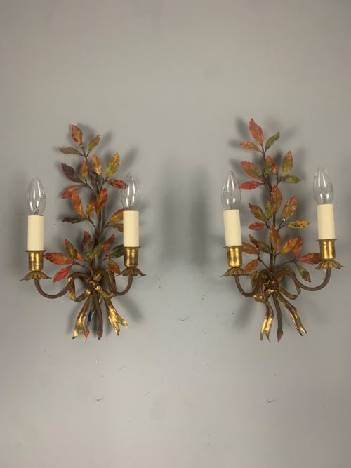Pair of French Antique Toleware Polychrome Wall Lights