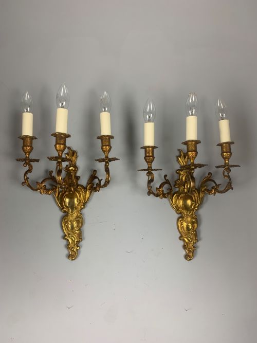 Pair of French Triple Arm Antique Gilt Brass Wall Lights