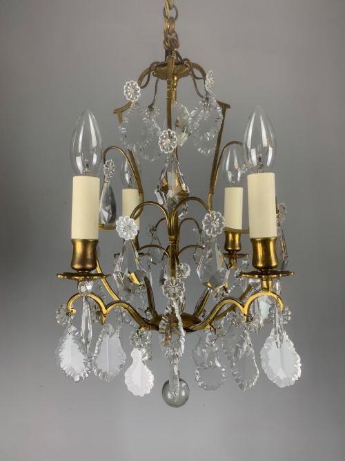Small French Antique Gilt Brass Birdcage Crystal Chandelier