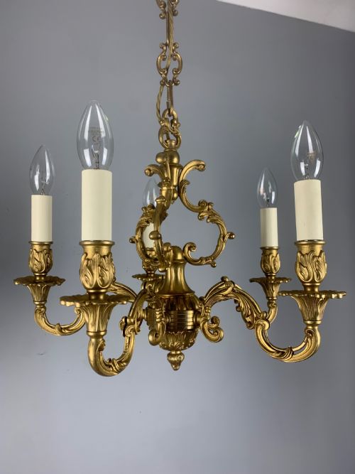 French Gilded Brass 5 Light Antique Chandelier