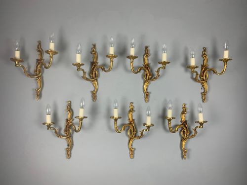 French Set of 7 Bronze Twin Arm Antique Wall Lights
