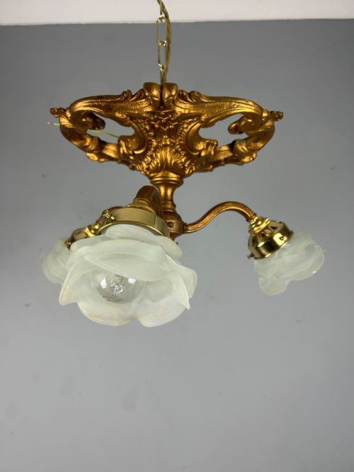 French Gilt Bronze 3 Light Antique Chandelier, Ceiling Light, Original Shades