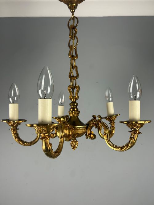 French Gilded Brass 5 Light Antique Chandelier