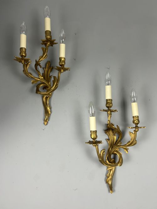 Pair of French Triple Arm Gilt Brass Wall Lights