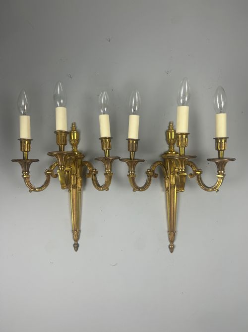 Pair of French Triple Arm Gilt Brass Antique Wall Lights